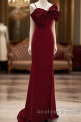 Wine Red Mermaid Evening Gown With Leg Slit, Straps Long Evening Prom Dresses